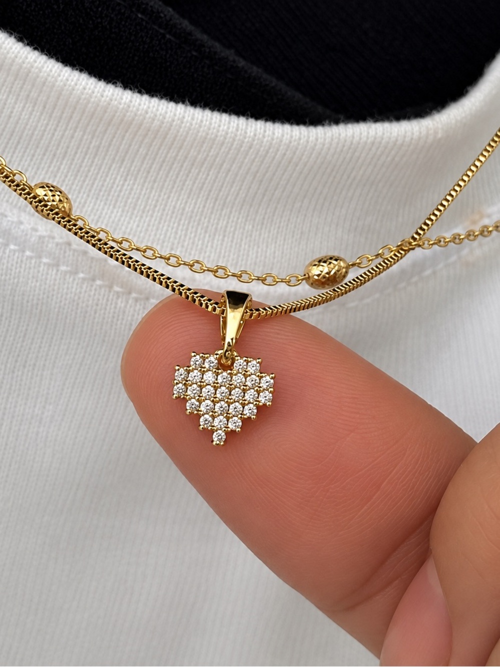 14k Gold Plated Pixel Tiny Heart Pavé Necklace Real Zirconia Dainty Jewelry